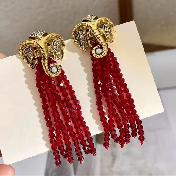 Gold Elephant Head Earrings with Red Bead Tassels - Picture 6 of 15
